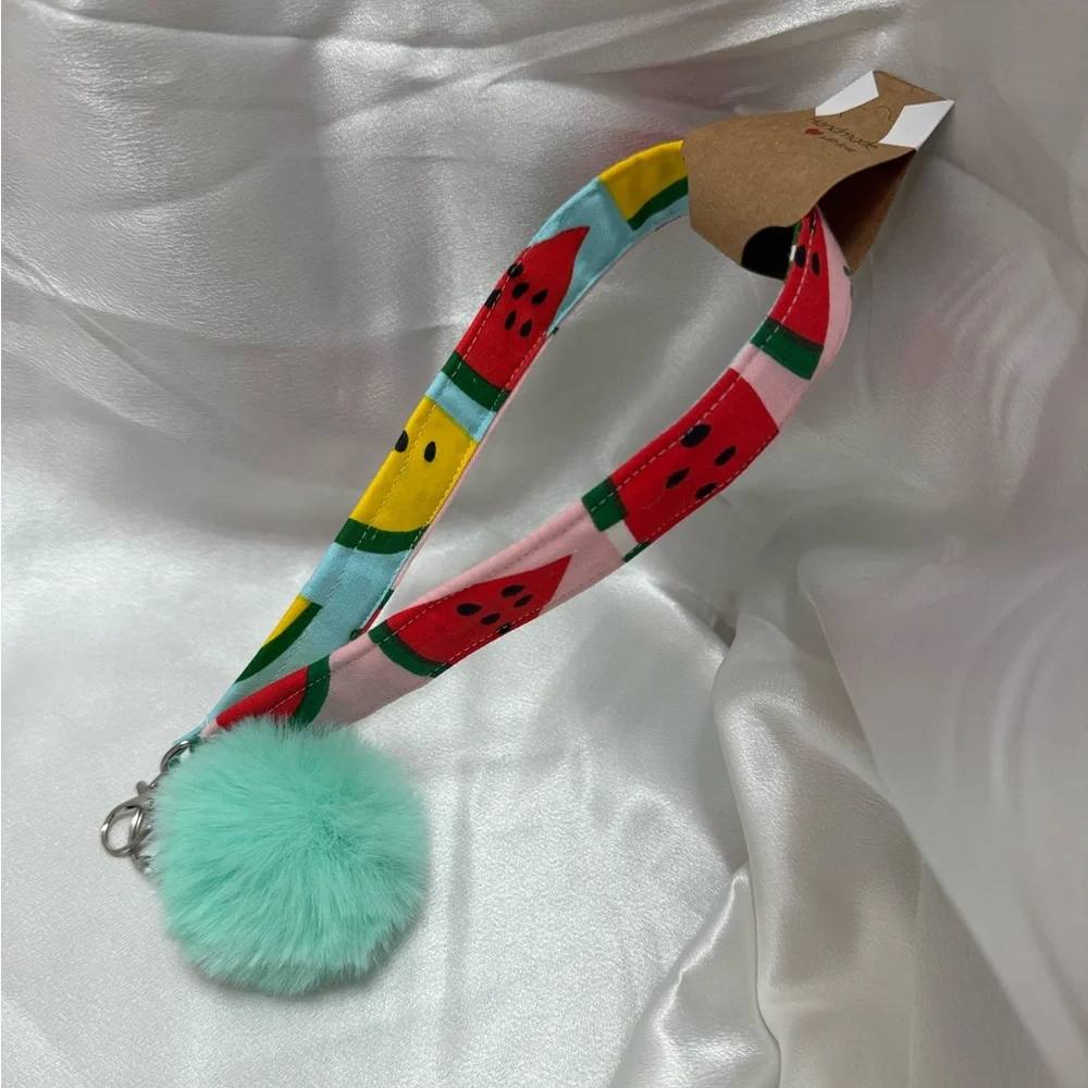 Handmade Colorful Watermelon Print Wristlet Keychain with Mint Green Pompom